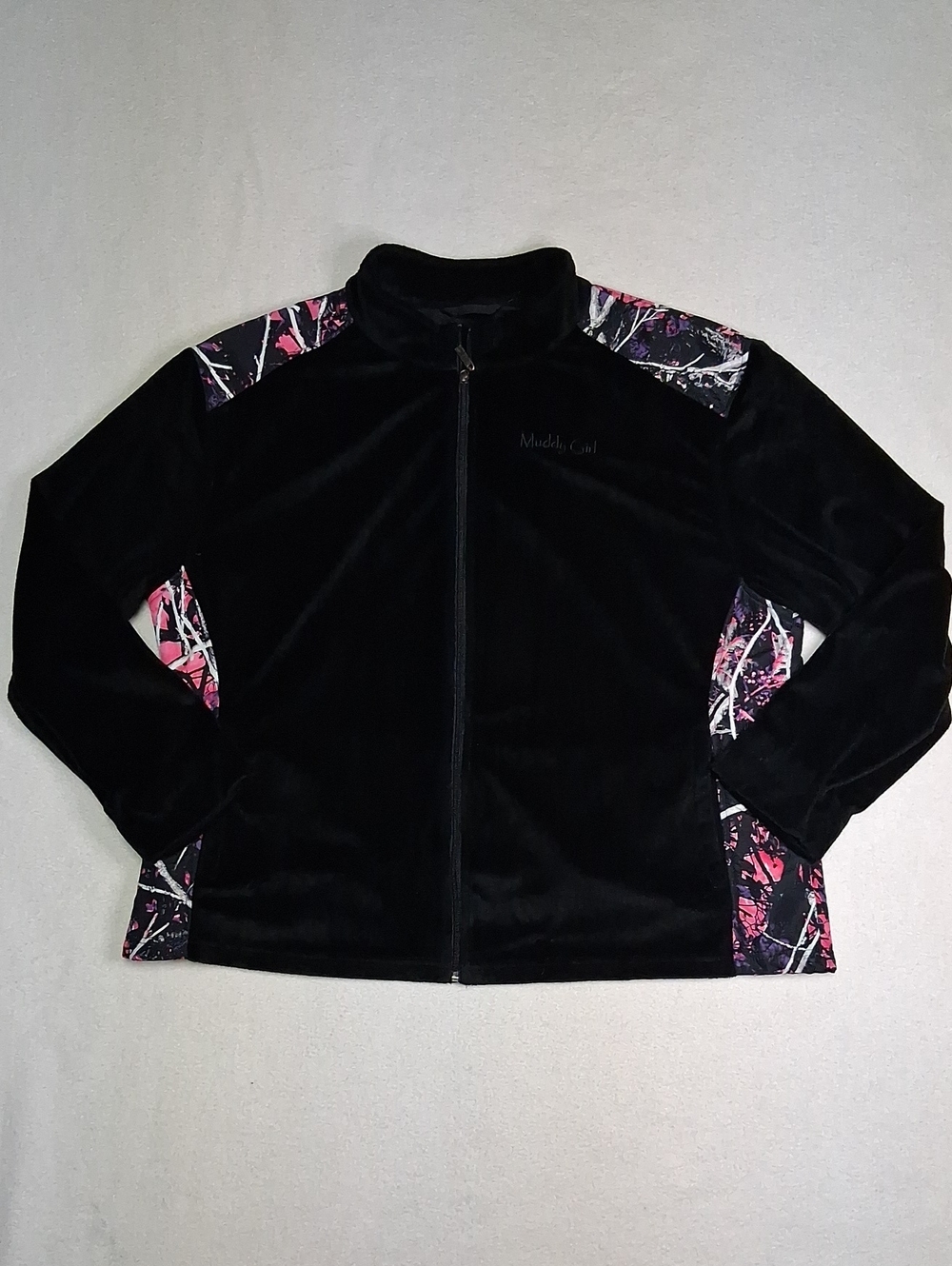 Muddy Girl Black Velvet Bomber Jacket with Pink Accent Panels